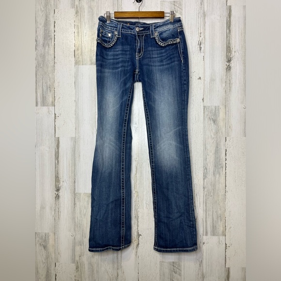 Miss Me Women's Signature Boot Floral Embroidred Jeans Blue White Size 30 - Picture 1 of 16